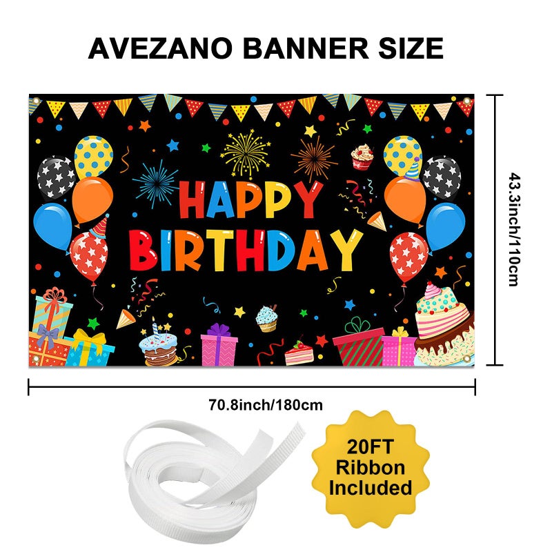 Avezano Colorful Happy Birthday Banner Rainbow Backdrop for Indoor Outdoor Party Decorations - Boys Girls Kids Supplies 70.8 x 43.3 Inch, Red - Image 3