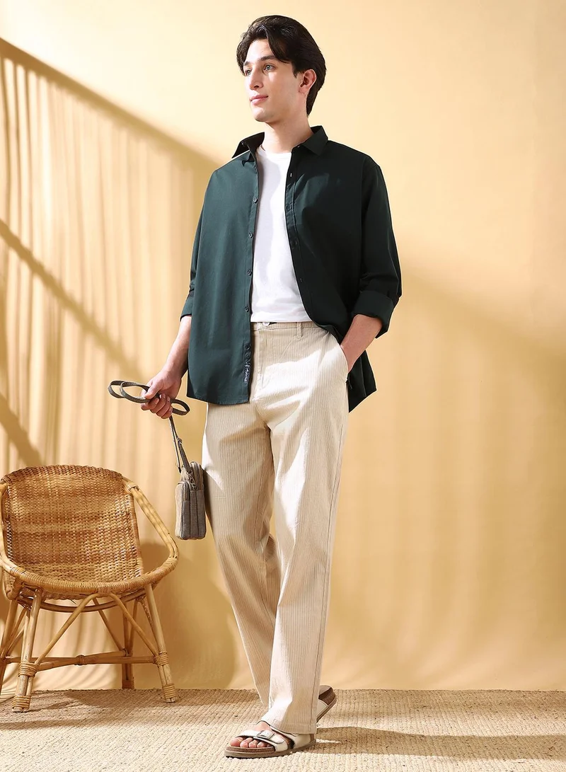 Dennis Lingo Men's Beige Cotton Blend Striped Full Length Casual Straight Trouser