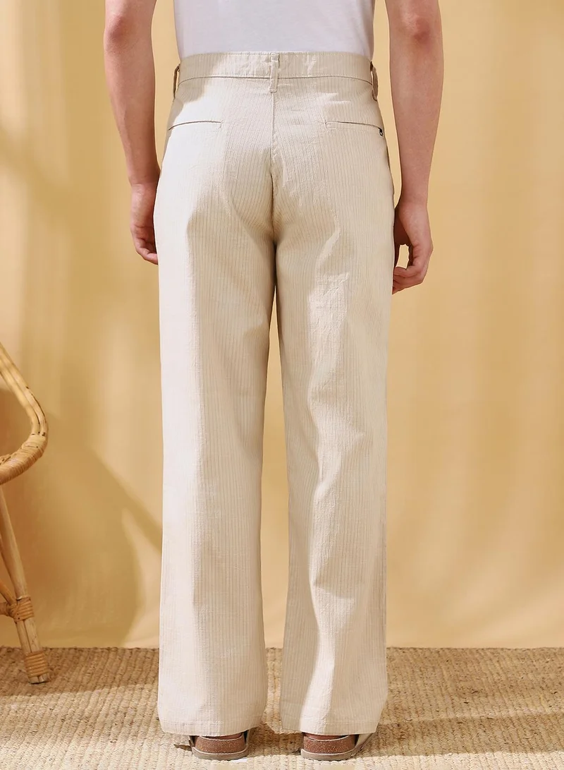 Dennis Lingo Men's Beige Cotton Blend Striped Full Length Casual Straight Trouser