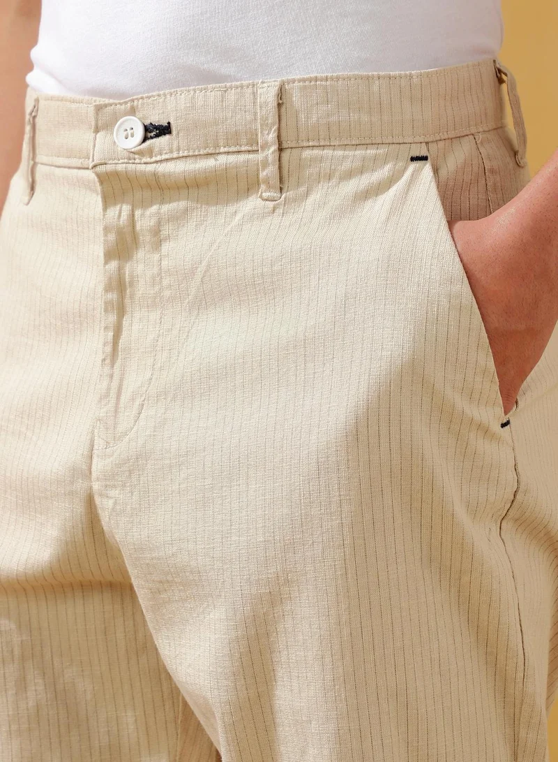 Dennis Lingo Men's Beige Cotton Blend Striped Full Length Casual Straight Trouser