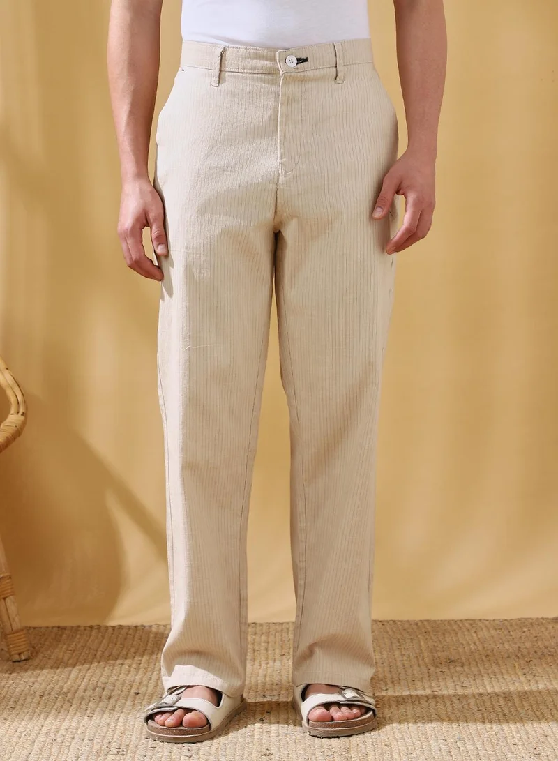 Dennis Lingo Men's Beige Cotton Blend Striped Full Length Casual Straight Trouser