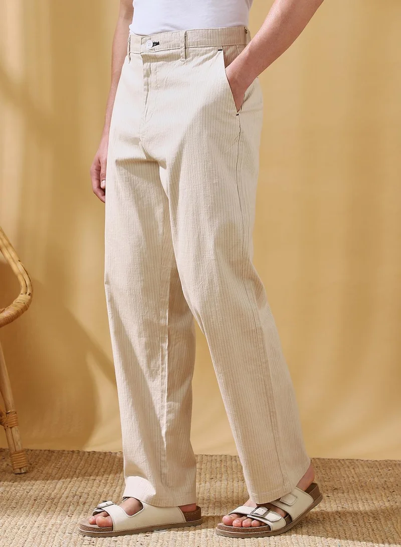 Dennis Lingo Men's Beige Cotton Blend Striped Full Length Casual Straight Trouser