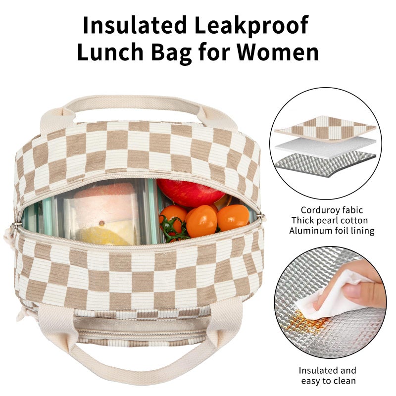OYLOLA Lunch Bag Women Lunch Box for Women Adult Cute Insulated Lunch Bag Small Cooler Lunch Tote Bags for Work Picnic School (Beige-Brown Plaid) - Image 5