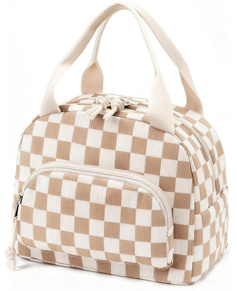 OYLOLA Lunch Bag Women Lunch Box for Women Adult Cute Insulated Lunch Bag Small Cooler Lunch Tote Bags for Work Picnic School (Beige-Brown Plaid) - Image 1