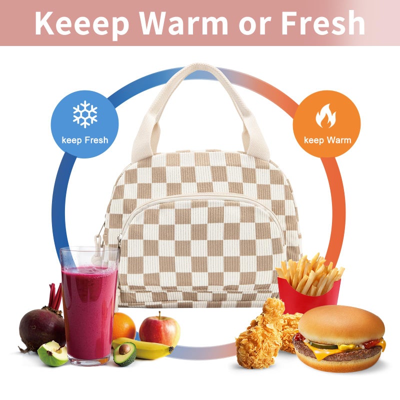 OYLOLA Lunch Bag Women Lunch Box for Women Adult Cute Insulated Lunch Bag Small Cooler Lunch Tote Bags for Work Picnic School (Beige-Brown Plaid) - Image 4