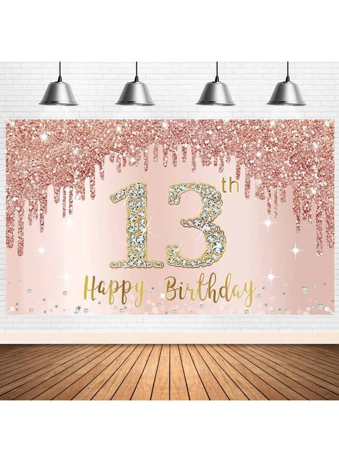 Bumqviy Happy 13th Birthday Banner Backdrop Decorations for Girls, Rose Gold 13 Birthday Party Sign Supplies, Pink 13 Year Old Birthday Poster Background Photo Booth Props Decor - Image 1