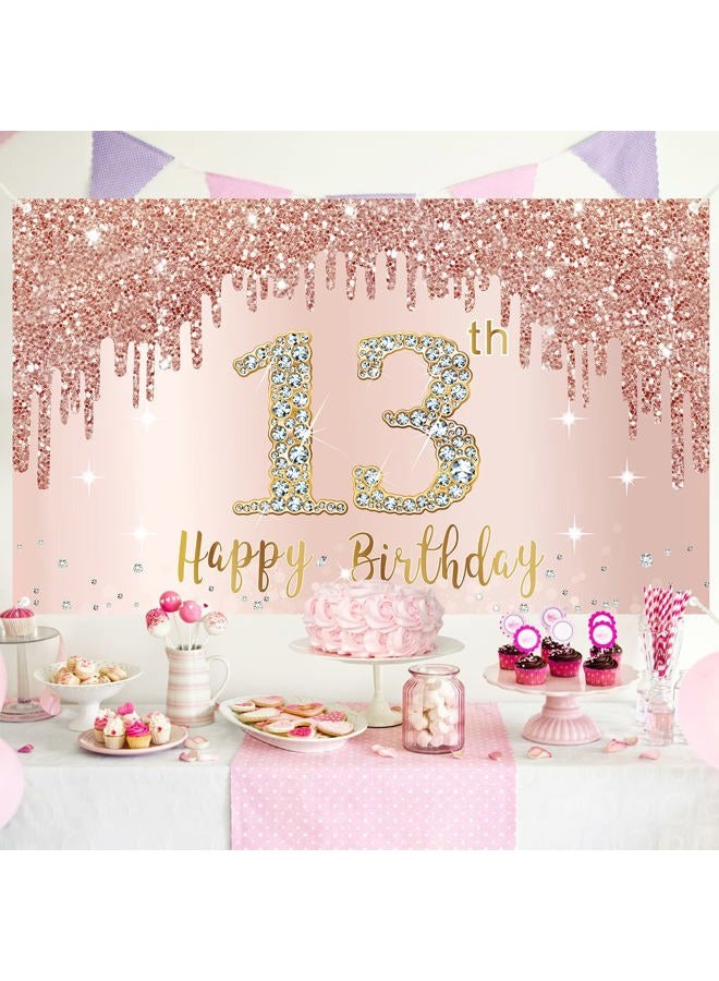 Bumqviy Happy 13th Birthday Banner Backdrop Decorations for Girls, Rose Gold 13 Birthday Party Sign Supplies, Pink 13 Year Old Birthday Poster Background Photo Booth Props Decor - Image 4