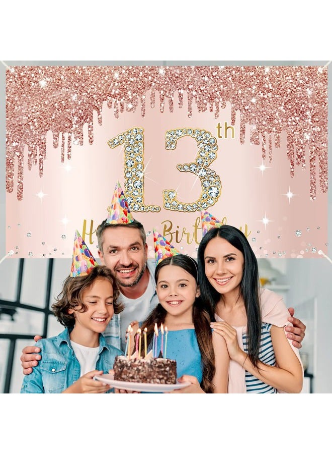 Bumqviy Happy 13th Birthday Banner Backdrop Decorations for Girls, Rose Gold 13 Birthday Party Sign Supplies, Pink 13 Year Old Birthday Poster Background Photo Booth Props Decor - Image 5