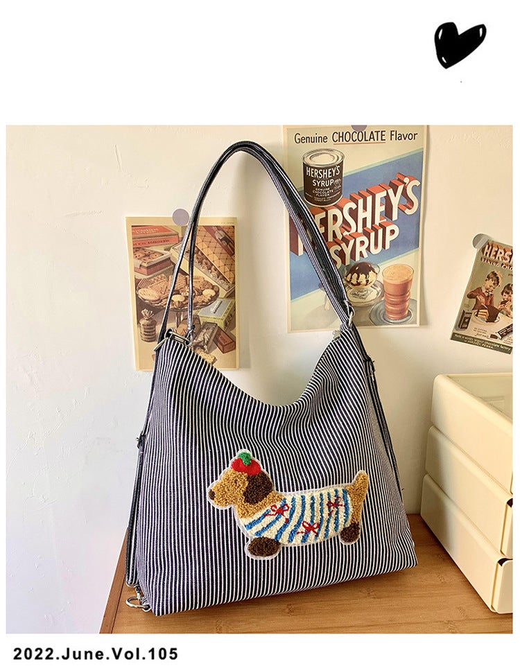 Women'S Lazy Style Korean Style Fashionable Striped Portable Tote Bag New Cute Dog Embroidered Drawstring Backpack