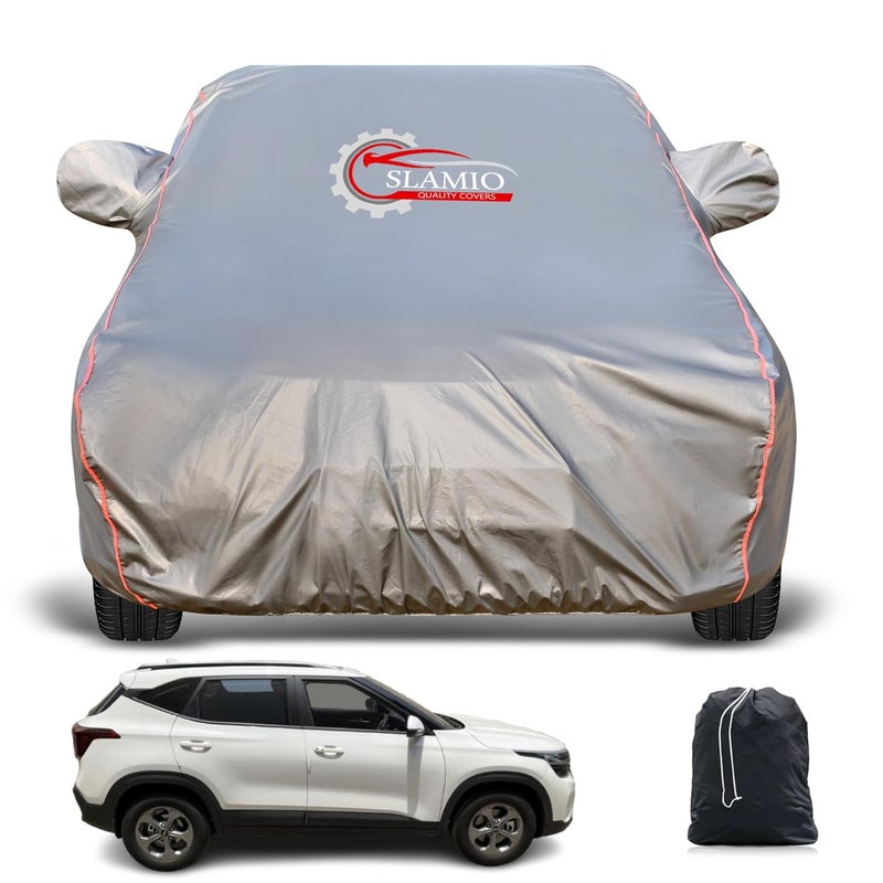 Slamio Heavy-Duty Car Body Cover for Kia Seltos (2019-2023) | Waterproof, Dustproof, UV Protection, Custom Fit, Heavy Belt & Buckle with Mirror & Antenna Pocket | Dark Grey - Image 1