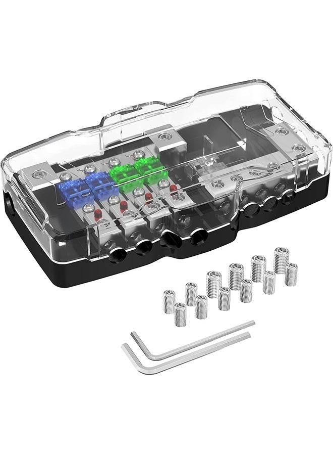 MVAQKLM  4 Way Fuse Block, 12V Blade Fuse 4 Way Car Audio MIDI(Mini-ANL) Fuse Block with LED Indicator Waterpoof Cover for 12V Automotive Truck Boat Marine RV Van Vehicle Stereo Amp (with 6pcs MIDI Fuse）  - Image 1