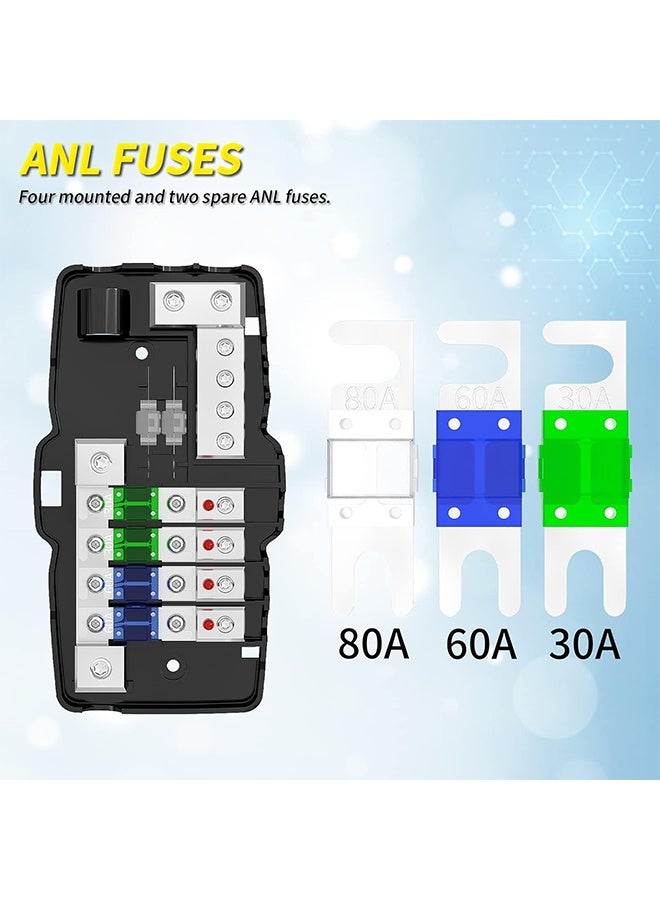 MVAQKLM  4 Way Fuse Block, 12V Blade Fuse 4 Way Car Audio MIDI(Mini-ANL) Fuse Block with LED Indicator Waterpoof Cover for 12V Automotive Truck Boat Marine RV Van Vehicle Stereo Amp (with 6pcs MIDI Fuse）  - Image 4