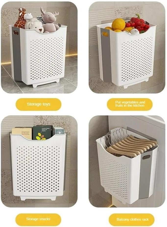 2PCS Hanging Laundry Basket with Carry Handle, Foldable Plastic Laundry Hamper, Wall Hanging Storage Basket, Dirty Clothes Storage Bin Multi-function Storage Container - Image 5