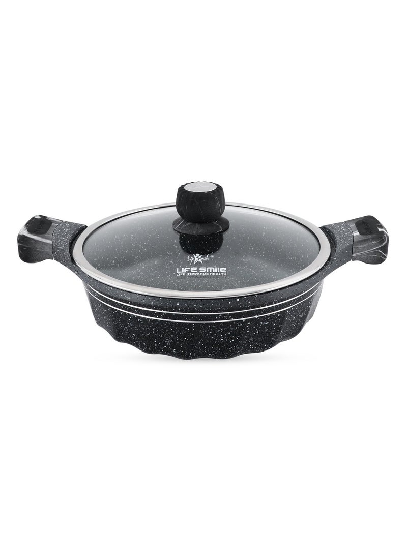 Life Smile 28cm (3.9Liter) LIFE SMILE Non-Stick Cooking Pot |Granite Shallow Pot With Glass Lid | 100% PFOA Free, Fixed Bakelite Handle | Multi Layer Non-Stick Granite Coating - Image 1