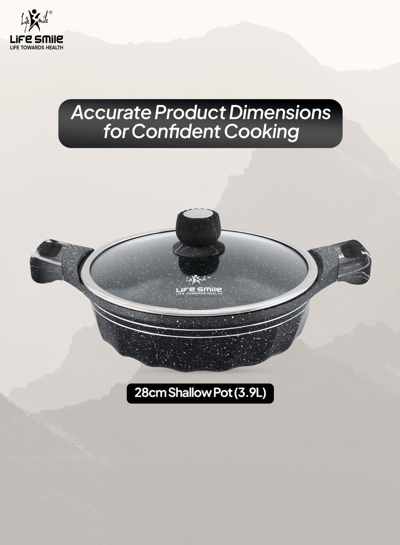 Life Smile 28cm (3.9Liter) LIFE SMILE Non-Stick Cooking Pot |Granite Shallow Pot With Glass Lid | 100% PFOA Free, Fixed Bakelite Handle | Multi Layer Non-Stick Granite Coating - Image 3