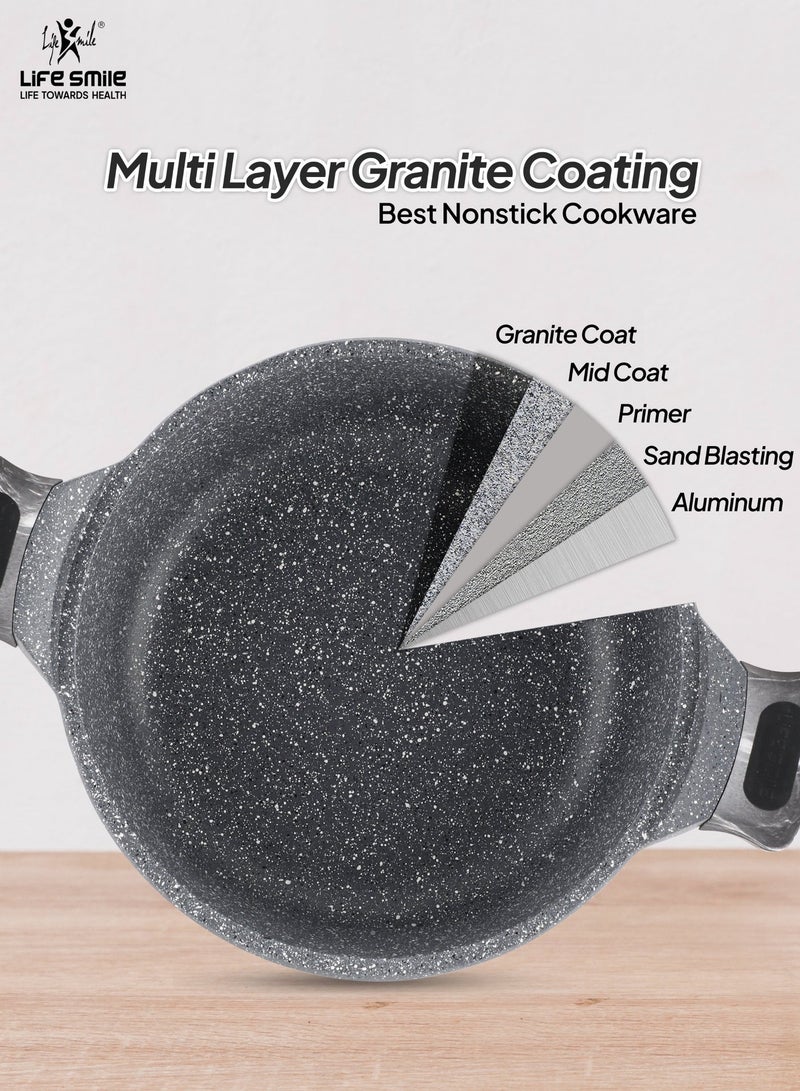 Life Smile 28cm (3.9Liter) LIFE SMILE Non-Stick Cooking Pot |Granite Shallow Pot With Glass Lid | 100% PFOA Free, Fixed Bakelite Handle | Multi Layer Non-Stick Granite Coating - Image 4