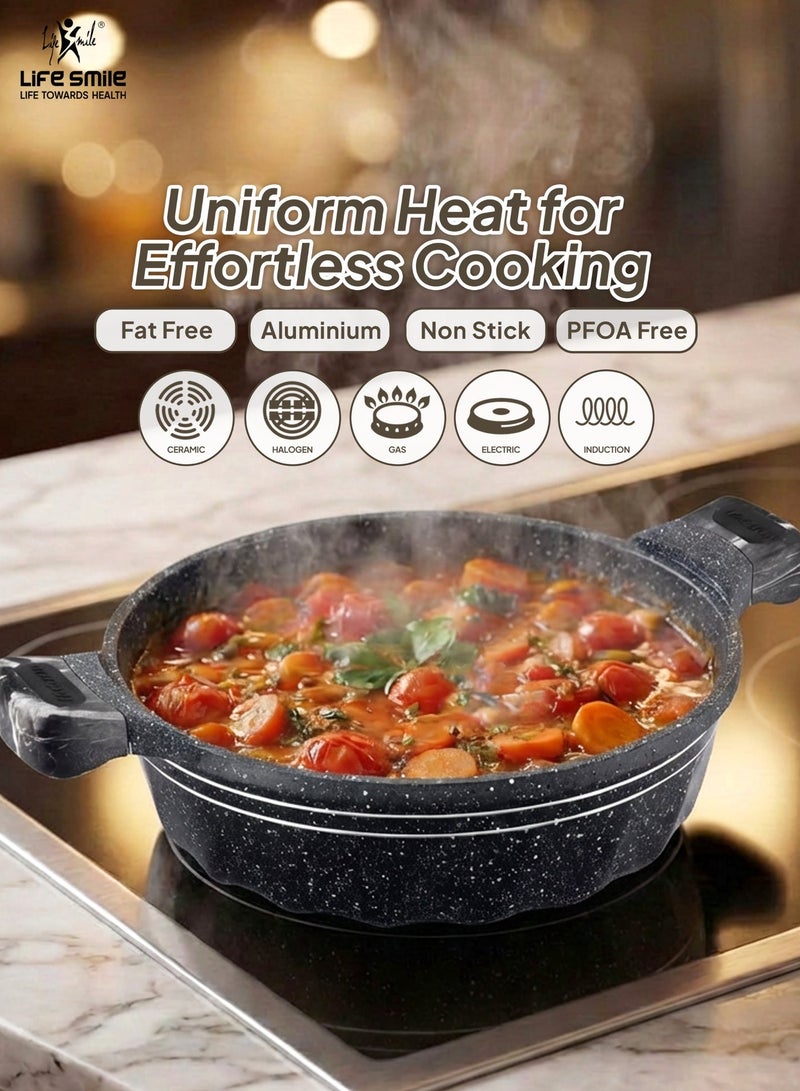Life Smile 28cm (3.9Liter) LIFE SMILE Non-Stick Cooking Pot |Granite Shallow Pot With Glass Lid | 100% PFOA Free, Fixed Bakelite Handle | Multi Layer Non-Stick Granite Coating - Image 5