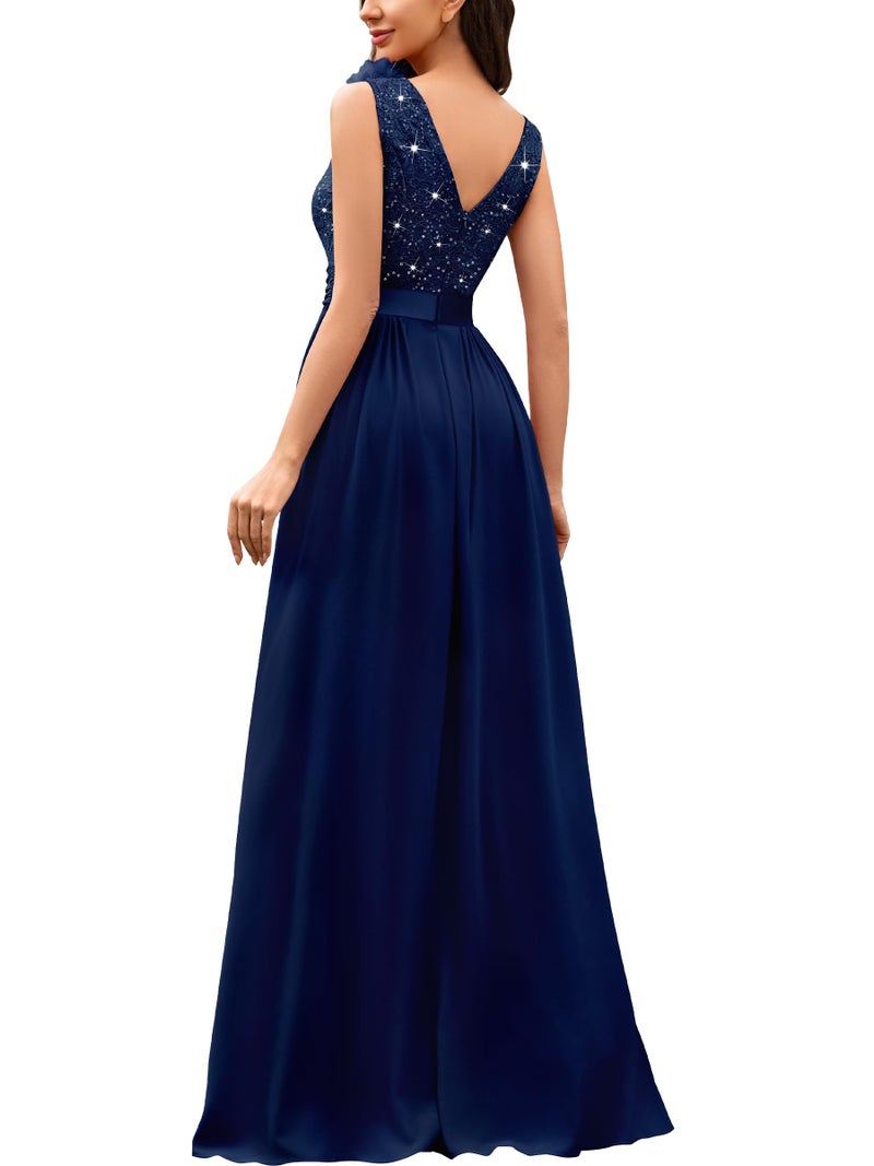 Miusol Women's Vintage V-Neck Sleeveless Sequined Split Formal Evening Maxi Dress (Small, Navy Blue) - Image 2
