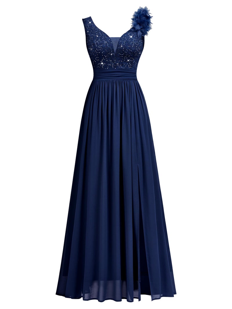 Miusol Women's Vintage V-Neck Sleeveless Sequined Split Formal Evening Maxi Dress (Small, Navy Blue) - Image 4