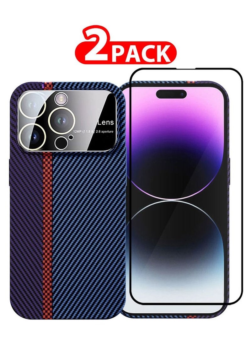 CATANES - 2 Packs Of iPhone 14 Pro Carbon Case Large Window Camera Protection and Screen Protector Unique Design Mixed Amazing Color Aramid Carbon Fiber Phone Case Blue - Image 1