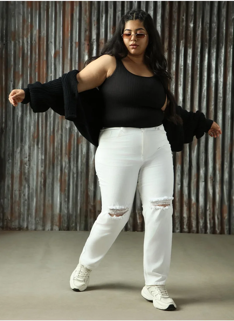 هاي ستار Women's White Cotton Blend Distressed Plus Size Jeans