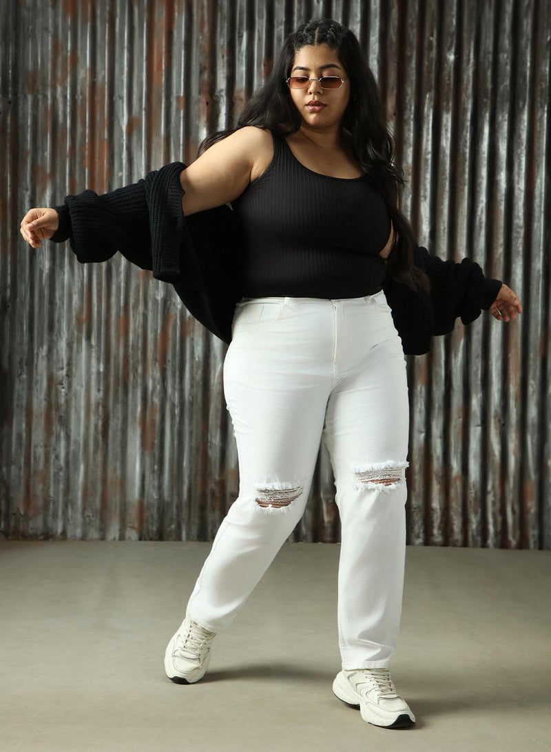 HIGH STAR Women's White Cotton Blend Distressed Plus Size Jeans  - Image 1