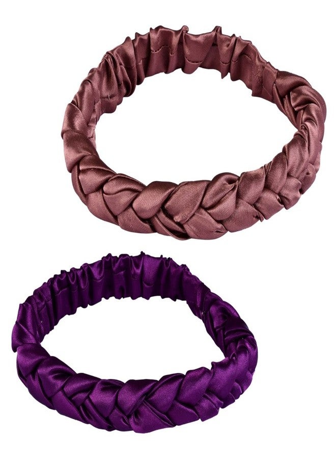 Nnr Premium Satin Silk Braided Head Bands For Women And Girls, Pack Of 2 Pcs - Brown/Wine - Image 1
