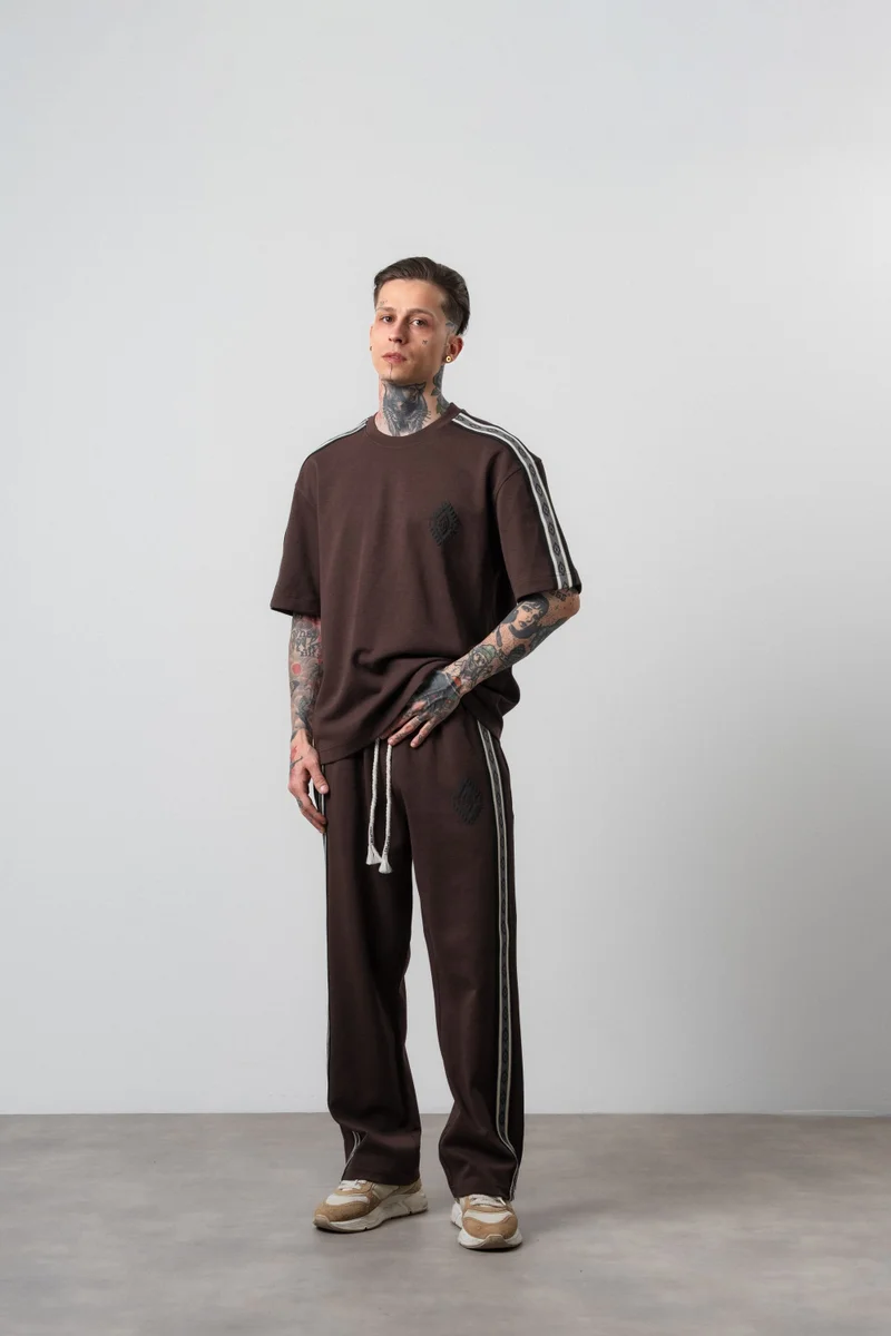 RESPIRE Men's Striped Detail Regular Fit Tracksuit Set in Brown