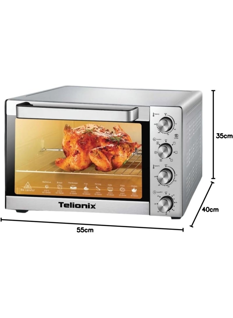 Telionix 45L Electric Oven with Convection Fan, 1700W Stainless Steel, 120Min Timer, Adjustable 70-250°C, Rotisserie, 4 Control Knobs, for Baking Bread Cake, Grilling, Pizza, Roasting (45L) - Image 3