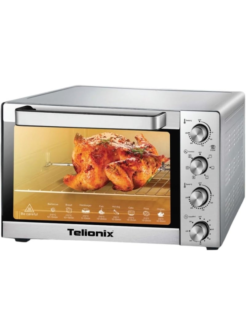 Telionix 45L Electric Oven with Convection Fan, 1700W Stainless Steel, 120Min Timer, Adjustable 70-250°C, Rotisserie, 4 Control Knobs, for Baking Bread Cake, Grilling, Pizza, Roasting (45L) - Image 1