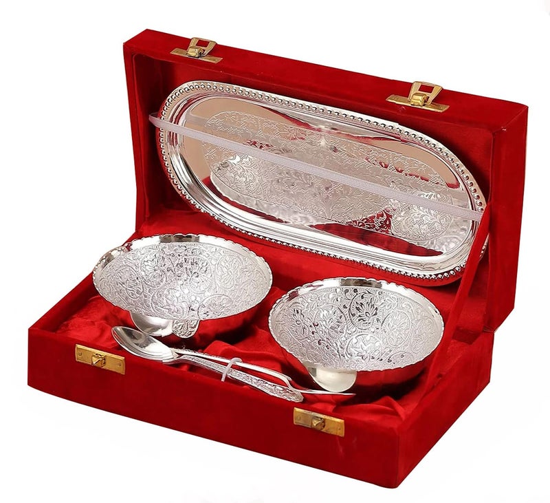 DSH Silver Plated Bowl Sets with Tray and Spoon Used for Dry Fruit, Sweets and Home Decor with Velvet Box Birthday, Anniversary, Diwali, Return Gift Items - Image 1
