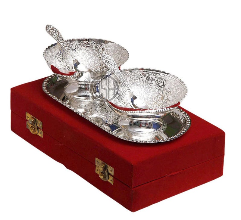 DSH Silver Plated Bowl Sets with Tray and Spoon Used for Dry Fruit, Sweets and Home Decor with Velvet Box Birthday, Anniversary, Diwali, Return Gift Items - Image 2