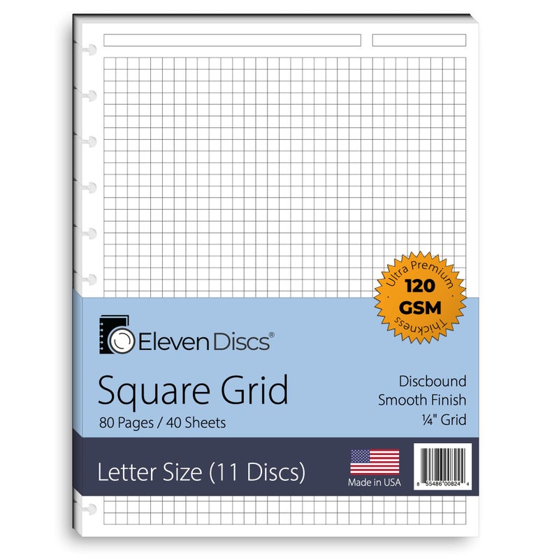 Eleven Discs Discbound Paper, Letter Size Square Grid Sheets - Premium 120gsm Heavyweight Notebook & Planner Refills - 11 Discs, 8.5 x 11 in - Punched for Circa, Arc, TUL (40 Sheets)