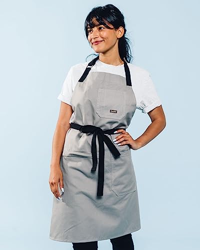 Caldo Daily Cotton Kitchen Apron for Cooking- Mens and Womens Professional Chef or Server Bib Apron - Adjustable Straps with Pockets and Towel Loop (Grey) - Image 2