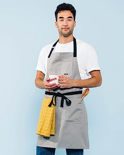 Caldo Daily Cotton Kitchen Apron for Cooking- Mens and Womens Professional Chef or Server Bib Apron - Adjustable Straps with Pockets and Towel Loop (Grey) - Image 5