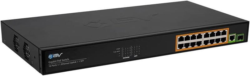 BV -Tech 16 Ports PoE+ Switch (16 Gigabit Ethernet Ports | 1 Ethernet +1 SFP Uplink) -230W - Fanless Desktop Design, Sturdy Metal Housing - 802.3af/at - Image 1