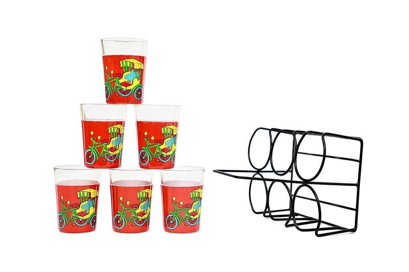A Krazy Mug Rickshaw Hand Painted Traditional Tapri Tea Glasses with Iron Container Stand Holder Red Set of 6 90ml - Image 2