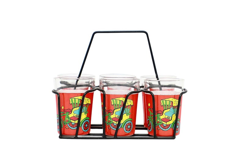A Krazy Mug Rickshaw Hand Painted Traditional Tapri Tea Glasses with Iron Container Stand Holder Red Set of 6 90ml - Image 5