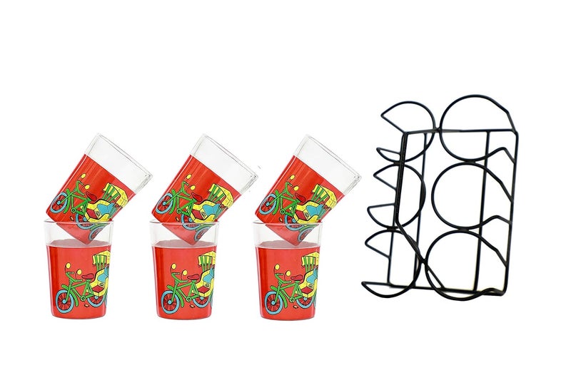 A Krazy Mug Rickshaw Hand Painted Traditional Tapri Tea Glasses with Iron Container Stand Holder Red Set of 6 90ml - Image 1