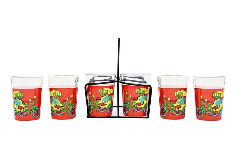 A Krazy Mug Rickshaw Hand Painted Traditional Tapri Tea Glasses with Iron Container Stand Holder Red Set of 6 90ml - Image 3