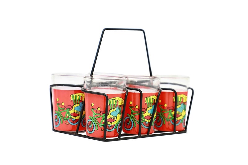 A Krazy Mug Rickshaw Hand Painted Traditional Tapri Tea Glasses with Iron Container Stand Holder Red Set of 6 90ml - Image 4