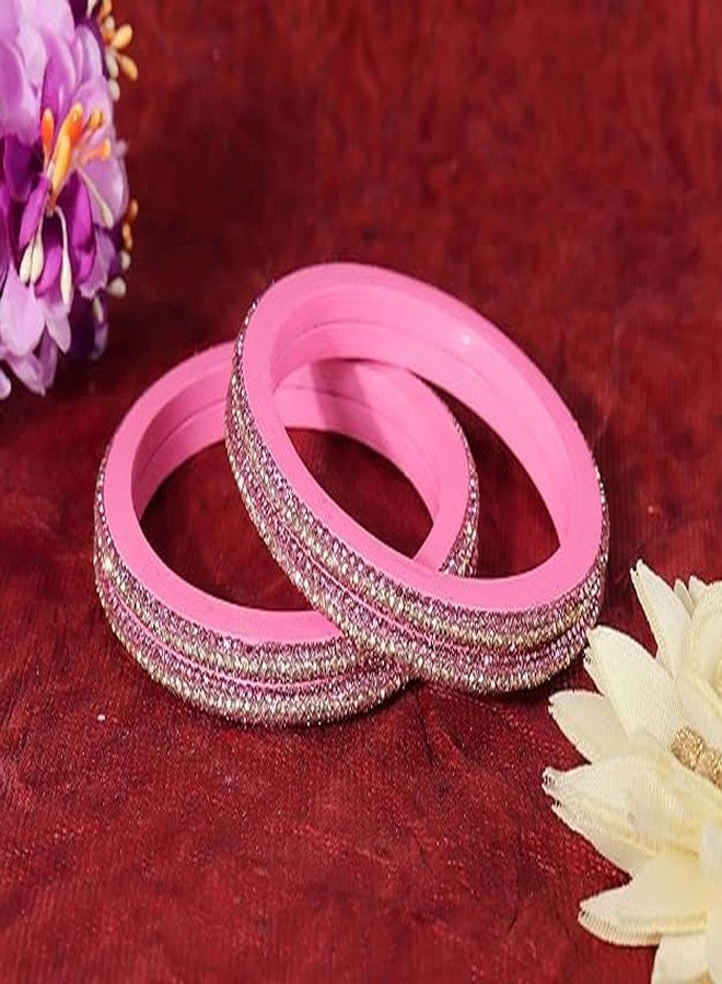 BANGLESKART Trendy Lac Bangles Kada Set For Women & Girls with Golden Zircon Diamond Stones Adorned Handmade Rajasthani Jaipuri Lac Bangles Girl's Bangles Set of 8 Pink - Image 4