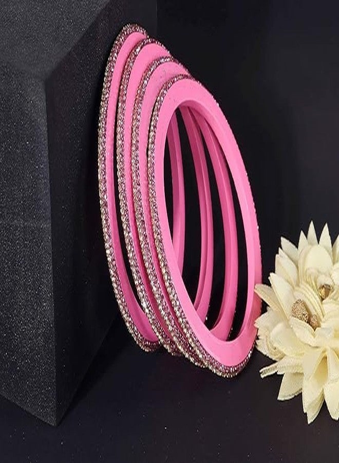 BANGLESKART Trendy Lac Bangles Kada Set For Women & Girls with Golden Zircon Diamond Stones Adorned Handmade Rajasthani Jaipuri Lac Bangles Girl's Bangles Set of 8 Pink - Image 5
