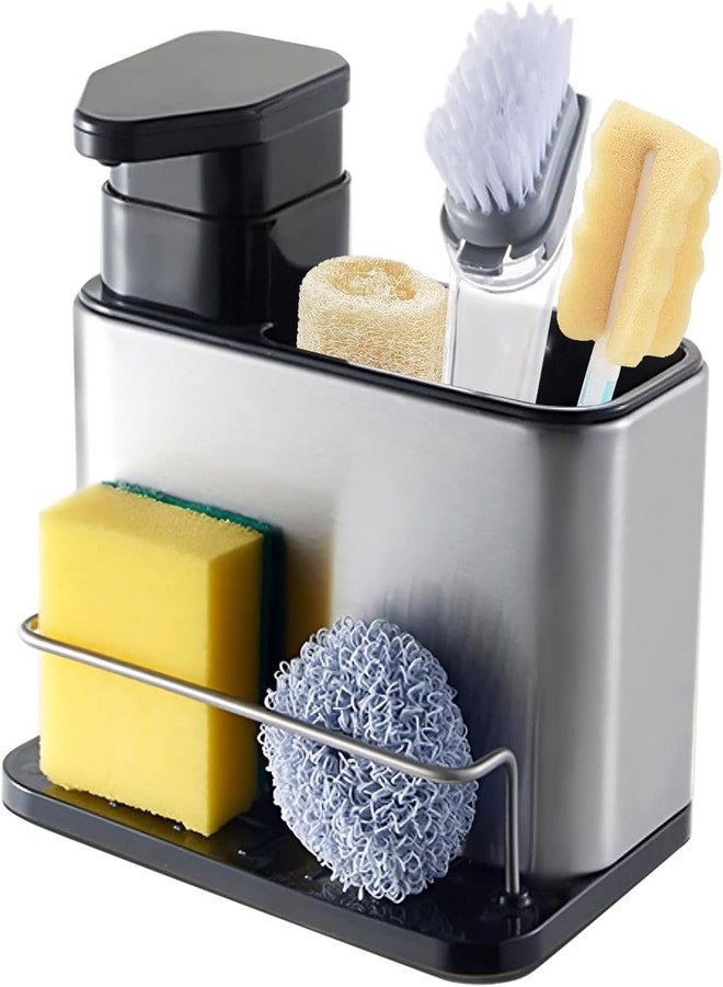 Elvana Sink Organiser with Detergent Dispenser, 3-in-1 Sponge with Washing-Up Liquid Dispenser Container Stainless Steel with Drip Tray, Kitchen Organiser, Soap Dispenser with Sponge Holder, Sponge Holder - Image 1