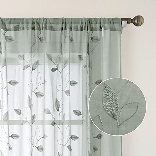 HOMEIDEAS Sage Green Sheer Curtains 52 X 84 Inches Long 2 Panels Embroidered Leaf Pattern Pocket Faux Linen Floral Semi Sheer Voile Window Curtains/Drapes for Bedroom Living Room - Image 5