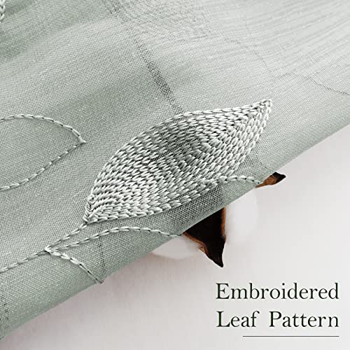 HOMEIDEAS Sage Green Sheer Curtains 52 X 84 Inches Long 2 Panels Embroidered Leaf Pattern Pocket Faux Linen Floral Semi Sheer Voile Window Curtains/Drapes for Bedroom Living Room - Image 3
