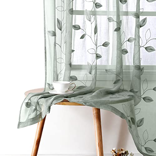 HOMEIDEAS Sage Green Sheer Curtains 52 X 84 Inches Long 2 Panels Embroidered Leaf Pattern Pocket Faux Linen Floral Semi Sheer Voile Window Curtains/Drapes for Bedroom Living Room - Image 1