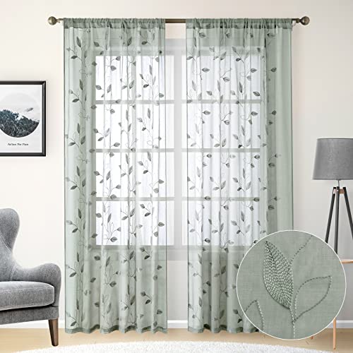 HOMEIDEAS Sage Green Sheer Curtains 52 X 84 Inches Long 2 Panels Embroidered Leaf Pattern Pocket Faux Linen Floral Semi Sheer Voile Window Curtains/Drapes for Bedroom Living Room - Image 2