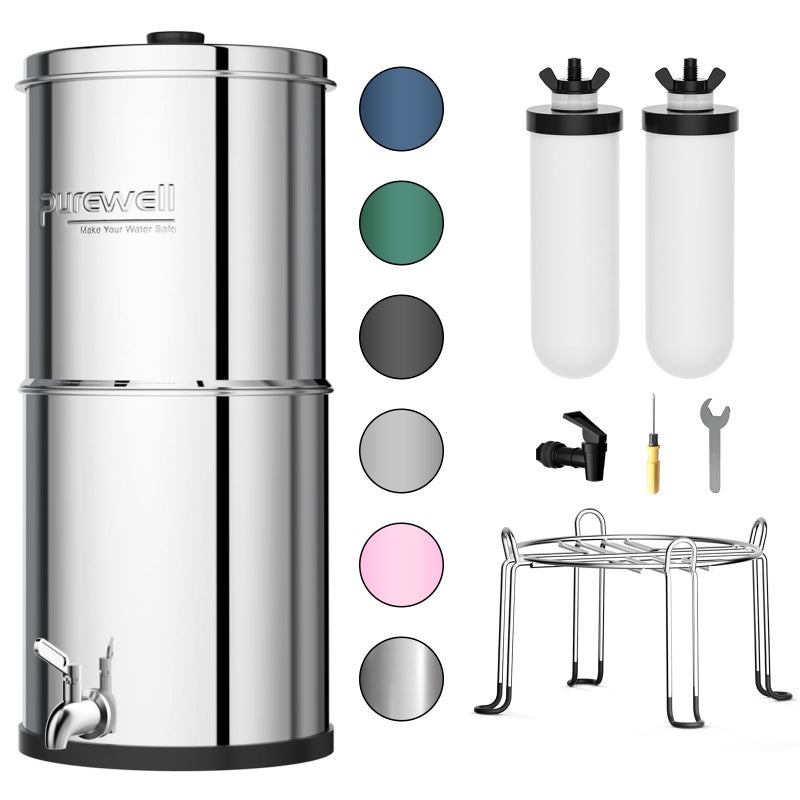 Purewell 3-Stage Gravity Fed Water Filter System, 2.25 Gallon Stainless Steel Countertop System with 2 Washable Ceramic Filters and Stand, Reduce up to 99% Chlorine, PW-OBT - Image 1