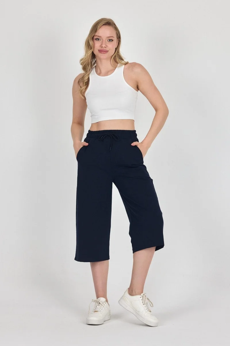 mmetalic High Waist Pocketed Relaxed Cut Seasonal Women's Below Knee Bermuda Navy Blue Capri Shorts